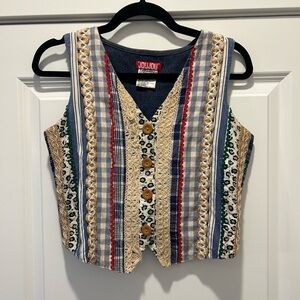JouJou Patchwork Denim & Gingham Button-Front Boho Vest 90s/Y2K Sz medium